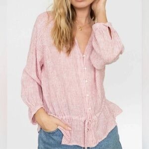 Rails Marti Striped Linen-Blend Blouse in Scarlet Stripe